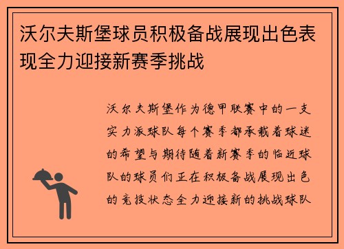 沃尔夫斯堡球员积极备战展现出色表现全力迎接新赛季挑战