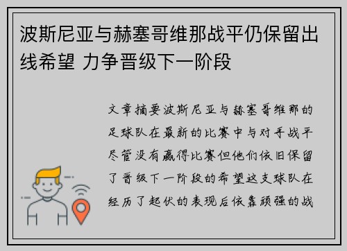 波斯尼亚与赫塞哥维那战平仍保留出线希望 力争晋级下一阶段