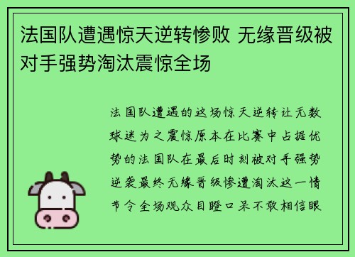 法国队遭遇惊天逆转惨败 无缘晋级被对手强势淘汰震惊全场