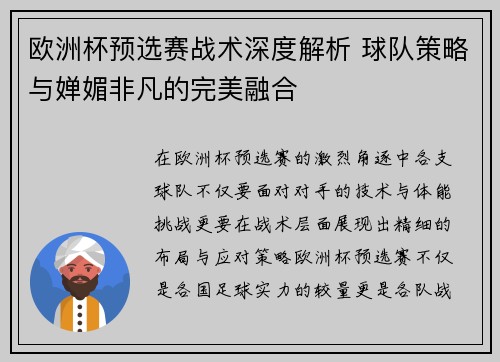 欧洲杯预选赛战术深度解析 球队策略与婵媚非凡的完美融合