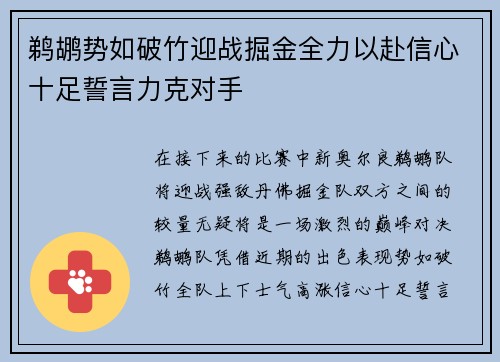 鹈鹕势如破竹迎战掘金全力以赴信心十足誓言力克对手