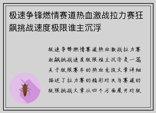 极速争锋燃情赛道热血激战拉力赛狂飙挑战速度极限谁主沉浮