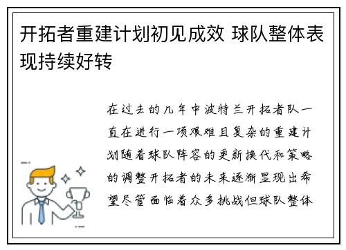 开拓者重建计划初见成效 球队整体表现持续好转