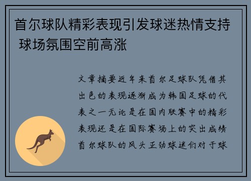 首尔球队精彩表现引发球迷热情支持 球场氛围空前高涨